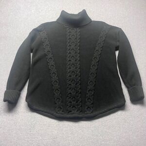 LL Bean Womens XL Black Cable Knit Turtleneck 100% Cotton Sweater 502621